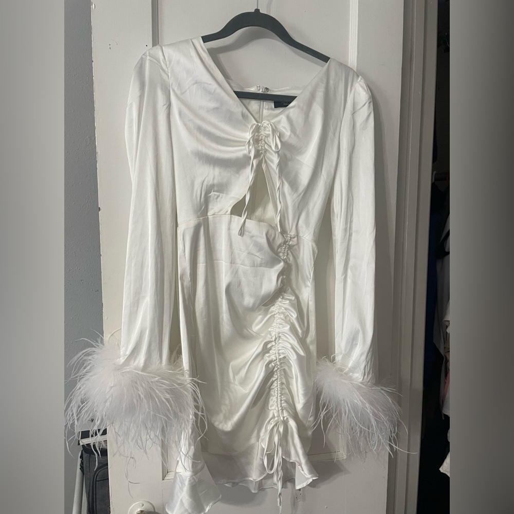 Akira White Dress with Feather Sleeves